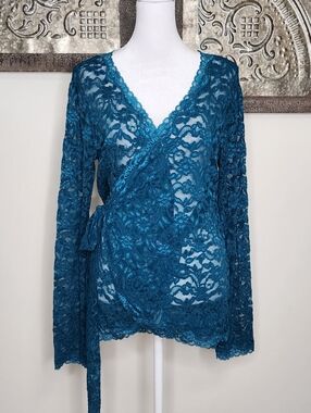 Moda International Deep Teal Lace Bell Sleeve Wrap Top Large Romantic Fairycore
